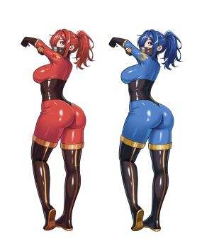 2girls ass black_boots black_gloves blu_pyro_(tf2) blue_bodysuit blue_eyes blue_hair bodysuit boots breasts commission full_body genderswap genderswap_(otf) gloves highres large_breasts latex latex_bodysuit latex_gloves latex_legwear long_hair looking_at_viewer looking_back mask multiple_girls nihu ponytail pyro_(tf2) red_bodysuit red_eyes red_hair red_pyro_(tf2) respirator simple_background team_fortress_2 thigh_boots white_background