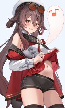 1girl absurdres armpit_crease bike_shorts blush boo_tao_(genshin_impact) brown_scarf brown_thighhighs chinese_clothes clothes_lift commentary_request eyewear_on_head flower-shaped_pupils genshin_impact half-closed_eyes hat highres hip_bones hu_tao_(cherries_snow-laden)_(genshin_impact) hu_tao_(genshin_impact) looking_at_viewer navel official_alternate_costume red-tinted_eyewear red_goggles round_eyewear scarf seductive_smile shirt_lift simple_background smile solo stomach sunglasses symbol-shaped_pupils thighhighs tinted_eyewear white_background white_hat yutoriko_(candy0905) zettai_ryouiki