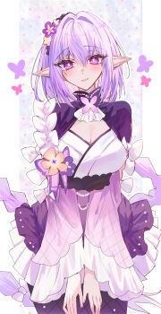 1girl alternate_costume black_pantyhose blush bow breasts castorice_(honkai:_star_rail) commentary_request flower hair_between_eyes hair_flower hair_ornament highres honkai:_star_rail honkai_(series) kinona large_breasts long_hair long_sleeves looking_at_viewer pantyhose parted_lips pointy_ears purple_eyes purple_flower purple_hair solo very_long_hair white_bow