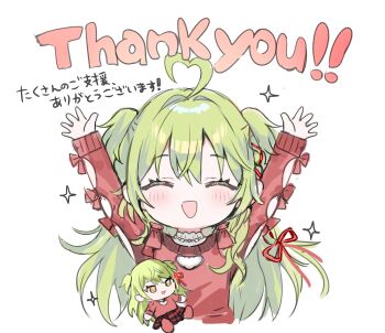 1girl absurdres ahoge arms_up character_doll closed_eyes clothing_cutout doll english_text facing_viewer green_hair hair_ribbon highres long_sleeves momoko_(momopoco) open_mouth original red_ribbon ribbon simple_background smile solo thank_you two_side_up upper_body white_background yukari_(momoko)