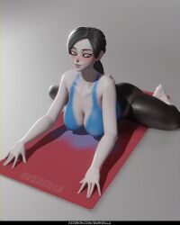 1girl 3d animated ass black_hair bodypaint breasts colored_skin curvy grey_eyes grey_skin highres large_breasts looking_at_viewer lying nintendo nipples nude on_floor on_stomach painted_clothes pale_skin ponytail rushzilla solo spread_legs thick_thighs thighs video white_skin wii_fit wii_fit_trainer yoga yoga_mat