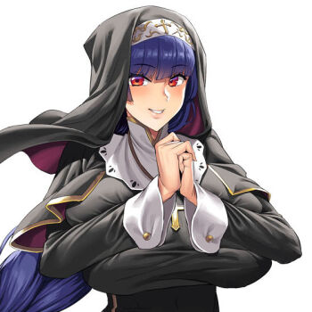 1girl blush braid breast_press breasts capelet cross cross_necklace eyebrows_hidden_by_hair female_focus habit headdress high_collar huge_breasts jewelry lips long_hair long_sleeves looking_at_viewer necklace nun obui official_art original own_hands_clasped own_hands_together parted_lips purple_hair red_eyes simple_background smile teeth tight_clothes upper_body veil white_background