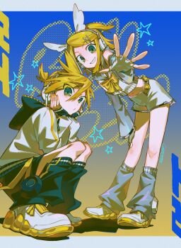 1boy 1girl bare_shoulders belt ben-day_dots bent_over black_gloves black_hood black_shorts black_socks blonde_hair blue_background blush bow bowtie character_name closed_mouth commentary coral_l33 cropped_sweater detached_sleeves double-parted_bangs english_commentary english_text fingerless_gloves full_body gloves gradient_background green_eyes grey_sailor_collar grey_sleeves grey_socks grin hair_between_eyes hair_ornament hair_ribbon hairclip half_updo halftone hand_on_own_knee hands_on_own_cheeks hands_on_own_face head_tilt headset highres hood hood_down hoodie kagamine_len kagamine_len_(nt) kagamine_rin kagamine_rin_(nt) kneehighs letterboxed long_sleeves loose_belt loose_socks medium_hair midriff navel o3o official_alternate_costume outside_border parted_bangs piapro_studio ponytail puckered_lips reaching reaching_towards_viewer ribbon sailor_collar screentones shirt shoes short_hair short_ponytail shorts sidelocks sleeveless smile socks spiked_hair squatting star_(symbol) sweater tareme tsurime v-shaped_eyebrows vocaloid waving white_bow white_bowtie white_gloves white_hoodie white_ribbon white_shirt white_shoes white_shorts yellow_background yellow_belt yellow_nails yellow_trim