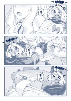 2girls ahoge ako_(blue_archive) blue_archive blush demon_girl demon_horns gloves halo hat highres hijiri_rei hina_(blue_archive) horns long_hair multiple_girls open_mouth ribbon solo