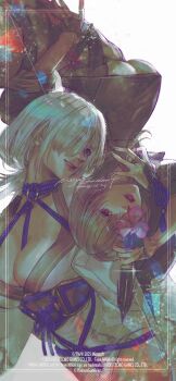 2girls ayane_(doa) black_jacket blue_eyes breasts cleavage dress eyeshadow flower highres jacket japanese_clothes kimono kunai large_breasts makeup miko multiple_girls ninja ninja_gaiden ninja_gaiden_4 nishii_tomoko nontraditional_miko obijime open_clothes parted_lips purple_flower red_eyes red_eyeshadow red_lips rope sash seori_(ninja_gaiden) shibari short_hair smile teeth underboob weapon white_dress white_hair white_kimono