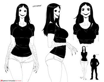 1boy 1girl bags_under_eyes bird_legs breasts commentary creepypasta dolphin_shorts english_commentary greyscale height_difference highres medium_breasts micro_shorts momo_(creepypasta) monochrome narrow_waist shirt shorts signature smile t-shirt talons thigh_gap virtuware watermark web_address