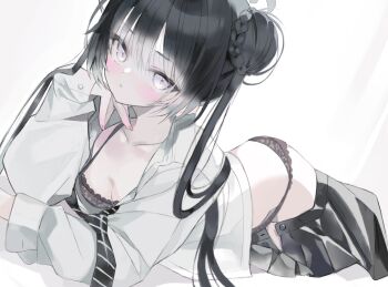 1girl alternate_eye_color black_bra black_hair black_necktie black_panties black_pantyhose black_skirt blue_archive blush bra braid braided_bun breasts bun_with_braided_base buttons cleavage closed_mouth clothes_pull collarbone collared_shirt diagonal-striped_clothes diagonal-striped_necktie dot_nose double_bun dutch_angle elbow_rest expressionless fingernails grey_halo hair_between_eyes hair_bun halo hand_up head_on_hand head_rest highres kisaki_(blue_archive) kisaki_(school_uniform)_(blue_archive) lace lace_bra lace_panties lingerie loli long_hair long_sleeves looking_at_viewer loose_necktie lying marant38 nail_polish necktie on_stomach open_clothes open_fly open_shirt panties pantyhose partially_unbuttoned partially_undressed petite pink_nails pleated_skirt school_uniform shirt shirt_partially_removed simple_background skirt skirt_pull sleeve_cuffs small_breasts solo spaghetti_strap striped_clothes thighs twintails unbuttoned underwear very_long_hair white_background white_eyes white_shirt