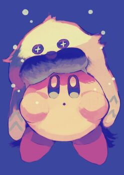 :o animal_hat blue_background blush_stickers full_body hat highres kirby kirby_(series) looking_at_viewer nintendo no_humans open_mouth purano7 shoes simple_background snow solo