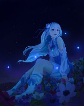 1girl :d azcollins007 bare_shoulders blunt_bangs boots braid breasts clothing_cutout dress emilia_(re:zero) field floating_hair flower flower_field gem green_gemstone grey_hair hair_flower hair_ornament hair_ribbon highres long_hair low-tied_long_hair medium_breasts night night_sky open_mouth outdoors pointy_ears purple_eyes purple_flower purple_ribbon re:zero_kara_hajimeru_isekai_seikatsu ribbon shoulder_cutout sitting sky smile solo star_(sky) starry_sky white_flower white_hair x_hair_ornament
