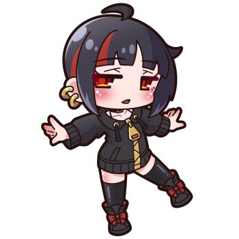 1girl absurdres ahoge black_boots black_collar black_hair black_jacket black_thighhighs blush boots chibi collar collarbone commentary_request drawstring ear_piercing full_body highres hood hood_down hooded_jacket jacket long_sleeves looking_at_viewer multicolored_hair original outstretched_arms parted_lips piercing puffy_long_sleeves puffy_sleeves red_eyes red_hair saishosaisekojo sasaki_noa_(saishosaisekojo) simple_background solo spread_arms standing standing_on_one_leg streaked_hair thighhighs thighhighs_under_boots white_background