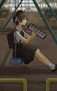 1girl backpack bag beret black_bag black_hat black_ribbon black_shoes black_skirt brown_eyes brown_hair bug cicada collared_shirt commentary_request day expressionless flower from_side hair_bun hands_up hat hat_flower hatoba_tsugu highres holding holding_instrument insect instrument keyboard_(instrument) loafers looking_ahead melodica music neck_ribbon niwano_(nnn) on_swing park playing_instrument profile randoseru ribbon rose shirt shirt_tucked_in shoes short_hair short_sleeves single_side_bun sitting skirt socks solo suspender_skirt suspenders swing swing_set tsugu_(vtuber) white_flower white_rose white_shirt white_socks