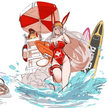 Rule 34 | 1girl, absurdres, animal ears, azur lane, breasts, cleavage, collarbone, covered navel, dishwasher1910, hair over eyes, hand in own hair, hat, highres, large breasts, legs, lifeguard, long hair, looking at viewer, manjuu (azur lane), one-piece swimsuit, pouch, prinz heinrich (azur lane), prinz heinrich (rabbit on watch) (azur lane), rabbit ears, red eyes, red hat, red one-piece swimsuit, shaded face, sketch background, smile, solo, surfboard, swimsuit, teeth, thigh pouch, thigh strap, thighs, unfinished, very long hair, white background, white hair