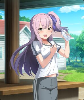 Rule 34 | 1girl, aqua nails, blue sky, blush, bottle, clothes pull, cloud, collar tug, collarbone, cowboy shot, day, double-parted bangs, flying sweatdrops, game cg, grass, green eyes, grey pants, hair ribbon, hand on own chest, holding, holding bottle, hot, house, long hair, looking at viewer, midriff peek, official art, one side up, open mouth, outdoors, pants, purple hair, purple ribbon, ribbon, shirt, short side ponytail, single sidelock, sky, smile, solo, t-shirt, teeth, third-party source, toji no miko, toji no miko: kizamishi issen no tomoshibi, track pants, tree, tsubakuro yume, upper teeth only, water bottle, white shirt