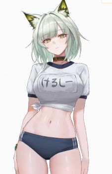 1girl absurdres animal_ear_fluff animal_ears arknights blue_buruma breasts buruma cat_ears cat_girl character_name closed_mouth collar commentary_request cowboy_shot crop_top dress green_eyes green_hair gym_shirt gym_uniform highres kal&#039;tsit_(arknights) large_breasts looking_at_viewer midriff multiple_girls name_tag navel shirt short_hair simple_background solo textless_version thighs tied_shirt uof white_background white_shirt