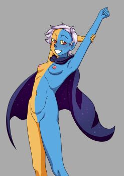 1girl :d absurdres blue_skin brown_eyes cloak colored_skin facial_mark floating full_body glowing highres hood hood_up hooded_cloak looking_at_viewer marysia misaeldm multicolored_skin open_mouth red_eyes short_hair smile solo spoilers tagme the_collector_(the_owl_house) the_owl_house thick_eyebrows two-tone_skin white_hair yellow_skin