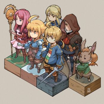 2girls 4boys agrias_oaks ahoge animal_ears armor beard belt belt_pouch black_armor blonde_hair blue_eyes blue_shirt brown_cape brown_eyes brown_footwear brown_hood cape chibikemo cidolfus_orlandeau cube demon_wings dress elbow_pads facial_hair final_fantasy final_fantasy_tactics final_fantasy_tactics_advance furry furry_male gauntlets grey_background highres holding holding_staff holding_sword holding_weapon hood huge_ahoge huge_weapon josh_corpuz knee_pads latex long_beard long_hair marche_radiuju montblanc moogle multiple_boys multiple_girls no_mouth nose ponytail pouch purple_armor purple_dress purple_hair rabbit_ears ramza_beoulve ritz_malheur shirt short_hair shoulder_armor signature staff strap sword weapon white_hair wings yellow_eyes