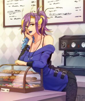 1girl antennae bare_shoulders belt_buckle black_shirt blonde_hair blue_hair blue_lips blue_shirt bra_strap breasts buckle cafe character_request cleavage coffee_maker commentary cookie copyright_request cowboy_shot croissant english_commentary eyebrows_hidden_by_hair floral_print food framedodge hair_between_eyes hair_over_shoulder hand_on_own_cheek hand_on_own_face jewelry leaning_forward leaning_on_object long_hair looking_at_viewer medium_breasts menu_board muffin multicolored_hair necklace off-shoulder_shirt off_shoulder parted_bangs piercing ponytail purple_hair shirt sidelocks solo two-tone_shirt