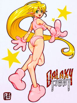 1girl armband ass bare_legs bikini blonde_hair breasts english_text full_body galaxy_fight gloves green_eyes hair_between_eyes happy long_hair long_pointy_ears looking_back official_alternate_costume okeko one-piece_swimsuit open_mouth outline paw_shoes pink_gloves pink_shoes pointy_ears roomi shoes signature simple_background skin_tight solo star_(symbol) swimsuit title turtleneck turtleneck_one-piece_swimsuit very_long_hair white_outline