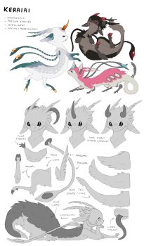 absurdres animal animal_focus blue_eyes brown_fur commentary creature creature_focus dragon english_commentary english_text fangs grey_fur highres horns information_sheet jejejunum keraiai long_tongue multicolored_fur original pink_fur red_eyes red_horns reference_sheet sheep_horns simple_background single_horn species_switch tail tongue tongue_out white_background white_fur