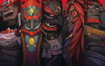 5boys absurdres beard closed_mouth dark-skinned_male dark_skin facial_hair fang ganondorf grin highres long_hair male_focus mature_male multiple_boys multiple_persona multiple_views nintendo open_mouth orange_eyes pectorals pointy_nose red_hair smile split_screen the_legend_of_zelda the_legend_of_zelda:_breath_of_the_wild the_legend_of_zelda:_ocarina_of_time the_legend_of_zelda:_tears_of_the_kingdom the_legend_of_zelda:_the_wind_waker the_legend_of_zelda:_twilight_princess thick_eyebrows yellow_eyes yuuri_(fukuroudou)