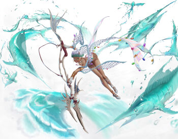 1girl :d absurdres aqua_eyes bowl_cut bracelet commentary dark-skinned_female dark_skin english_commentary eyelashes fang fingerless_gloves fish flying_fish full_body gloves gold_bracelet green_eyes green_hair grey_gloves hancho heterochromia highres holding holding_weapon jewelry mixed-language_commentary mole mole_under_mouth multicolored_hair multiple_bracelets open_mouth original shoes short_hair simple_background smile swordfish tan tanline tomboy two-tone_hair undercut very_short_hair water weapon white_background white_hair white_shoes