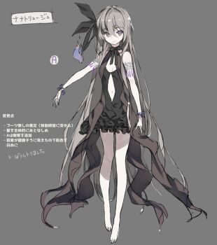 1girl barefoot black_bow black_dress bow bowtie breasts buta_koushaku character_name cleavage_cutout closed_mouth clothing_cutout commentary_request dress full_body grey_background grey_hair grey_sash hair_between_eyes hair_bow long_hair looking_at_viewer nanatrij_(buta_koushaku) nauribon navel navel_cutout official_art open_hand purple_eyes short_dress sidelocks simple_background sketch sleeveless sleeveless_dress small_breasts smile solo standing tachi-e translation_request very_long_hair
