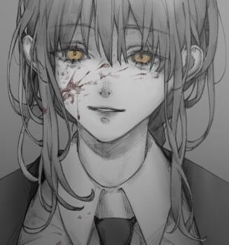 Rule 34 | 1girl, blood, blood on face, chainsaw man, collared shirt, eyelashes, grey background, greyscale, hatching (texture), jacket, kazui (siaoruikazui), linear hatching, looking at viewer, makima (chainsaw man), monochrome, necktie, open clothes, open jacket, ringed eyes, shirt, simple background, solo, spot color, wing collar, yellow eyes
