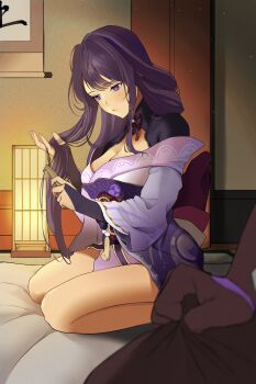 1boy 1girl absurdres aether_(genshin_impact) blunt_bangs blurry breasts bridal_gauntlets brown_gloves brown_pants brushing_hair cleavage closed_mouth comb commentary_request couple depth_of_field genshin_impact gloves glowing gripping_clothes hair_down hetero highres holding holding_comb holding_own_hair horny_grip_(meme) indoors japanese_clothes kimono lantern large_breasts light_blush long_hair long_sleeves looking_down meme mitarashimame mitsudomoe_(shape) mole mole_under_eye neck_ribbon off_shoulder on_floor pants pink_lips purple_eyes purple_hair purple_kimono purple_nails raiden_shogun red_ribbon red_sash ribbon sash seiza shade sitting solo_focus thighs tomoe_(symbol) wide_sleeves