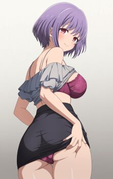 1girl ass bang_dream! bang_dream!_it&#039;s_mygo!!!!! black_skirt bra breasts closed_mouth clothes_lift commentary_request gradient_background grey_hair grey_shirt highres large_breasts noshimurin panties pink_eyes purple_bra purple_hair purple_panties shirt shirt_lift short_hair short_sleeves skirt skirt_lift solo underwear yuutenji_nyamu