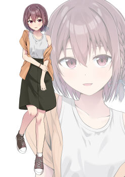 1girl absurdres black_skirt braid brown_eyes brown_hair brown_jacket brown_shoes cac_itinose collarbone commentary_request grey_shirt hair_between_eyes highres jacket looking_at_viewer off_shoulder open_clothes open_jacket original parted_lips shirt shoes short_sleeves simple_background skirt sleeveless sleeveless_shirt smile socks solo standing standing_on_one_leg white_background white_socks zoom_layer