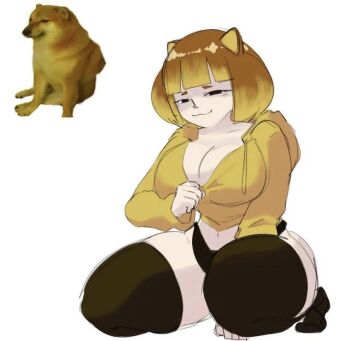 1girl animal_ears breasts cheemsburger_(doge) cleavage dog dog_ears doge hood hoodie looking_at_viewer meme nezulet panties personification socks tagme thick_thighs thighhighs thighs underwear