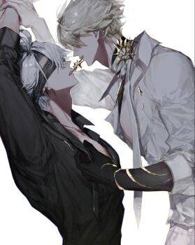2boys adam's_apple antenna_hair arm_up arms_up bandaged_neck bandages bdsm black_hands black_shirt blindfold blonde_hair clothes_grab collar_grab collarbone colored_extremities covered_eyes cracked_skin curtained_hair dress_shirt dual_persona earrings face-to-face from_side hair_between_eyes hand_up held_down highres holding_another's_wrist honkai:_star_rail honkai_(series) jewelry jpeg_artifacts long_bangs looking_at_another loose_bandages low_ponytail male_focus mouth_hold multiple_boys muted_color neckwear_grab open_clothes open_collar open_shirt phainon_(fashion)_(honkai:_star_rail) phainon_(honkai:_star_rail) phainon_(khaslana)_(honkai:_star_rail) ponytail profile restrained selfcest shirt short_hair short_ponytail simple_background stud_earrings sunset_1830 third-party_source three-quarter_sleeves upper_body very_short_hair white_background white_hair yaoi