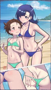 2girls absurdres age_difference ass beach bikini blue_hair blush breasts brown_eyes brown_hair commission elementary_(lolipope) green_bikini highres loli looking_at_another medalist_(manga) multiple_girls navel okazaki_iruka onee-loli outdoors short_hair smile swimsuit yuitsuka_inori yuri