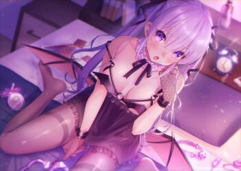 1girl :o absurdres alarm_clock analog_clock bare_shoulders bat_wings black_dress black_gloves black_ribbon black_wings blush book bottle breasts brown_pantyhose chromatic_aberration cleavage clock collarbone condom condom_box condom_wrapper demon_girl demon_wings dress egg_vibrator fang gag gloves hair_between_eyes hair_ribbon hand_up highres huge_filesize indoors kaniku long_hair looking_at_viewer low_wings medium_breasts no_shoes non-web_source o-ring o-ring_top on_bed original pantyhose purple_eyes purple_hair ribbon sex_toy sidelocks sitting solo spread_wings strap_slip thighband_pantyhose twirling_hair vibrator wariza wings