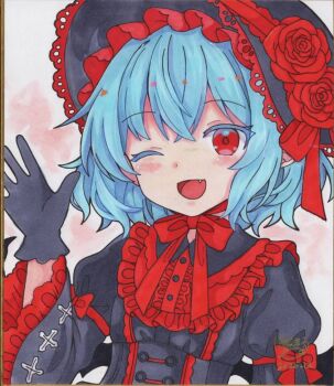 1girl bat_wings black_dress black_gloves black_hat blue_hair blush bow commentary_request dress fang flower frilled_sleeves frills gloves hat hat_flower hoshi_tea_party long_sleeves looking_at_viewer one_eye_closed open_mouth pointy_ears red_bow red_eyes red_flower red_rose remilia_scarlet rose shikishi smile solo touhou traditional_media wide_sleeves wings