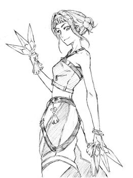 1girl bare_shoulders blunt_bangs bracelet breasts closed_mouth cowboy_shot crop_top double_bun earrings hair_bun halterneck holding holding_knife jewelry knife kpop_demon_hunters medium_breasts midriff multiple_earrings rakusakugk short_bangs sidelocks sketch smile solo tassel throwing_knife updo weapon white_background zoey_(kpop_demon_hunters)