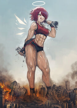 1girl :p abs arknights ass bare_shoulders breasts city commentary_request exusiai_(arknights) fire giant giantess hair_over_one_eye halo holding huge_ass medium_breasts midriff muscular muscular_female red_hair short_hair shorts sky sweat tongue tongue_out yellow_eyes yilx