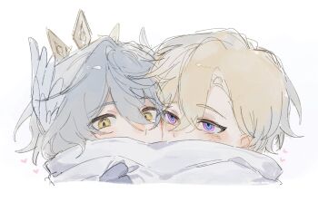 Rule 34 | 2boys, aventurine (honkai: star rail), blonde hair, blush, double-parted bangs, feyiil, grey hair, hair between eyes, heart, highres, honkai: star rail, honkai (series), male focus, multicolored eyes, multiple boys, parted bangs, scarf, shared clothes, shared scarf, simple background, sketch, sunday (honkai: star rail), white background, white scarf, yaoi, yellow eyes