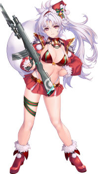 1girl bare_legs bikini breasts choukou_(alicesoft) choukou_taisen_escalation_heroines cleavage full_body fur_trim gun hand_on_own_hip highres holding holding_gun holding_weapon jacket large_breasts min-naraken noel_alamain official_art open_clothes open_jacket red_bikini red_shoes red_skirt shoes skirt solo swimsuit tachi-e weapon white_hair