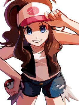 1girl baseball_cap black_vest commentary_request cutoffs denim denim_shorts exposed_pocket hat high_ponytail highres hilda_(pokemon) holding holding_poke_ball musou_s nintendo open_clothes open_vest poke_ball poke_ball_print pokemon pokemon_black_and_white ponytail shorts vest wristband