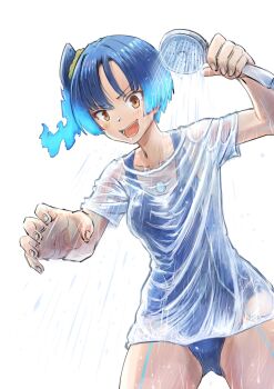 1girl blue_hair breasts brown_eyes competition_swimsuit glowing glowing_hair long_hair nemimin one-piece_swimsuit see-through_clothes sena_(xenoblade) shirt showering side_ponytail swimsuit wet wet_clothes wet_one-piece_swimsuit wet_shirt wet_swimsuit xenoblade_chronicles_(series) xenoblade_chronicles_3