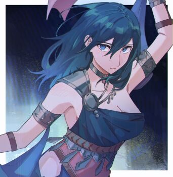 1girl alternate_costume ancient_greek_clothes arm_up armlet black_dress blue_eyes blue_hair breasts choker cleavage dancer dancer_(fire_emblem:_three_houses) dress female_byleth_(fire_emblem) fire_emblem fire_emblem:_three_houses greco-roman_clothes greiilock hair_between_eyes highres jewelry large_breasts long_hair looking_at_viewer nintendo single-shoulder_dress single_strap solo