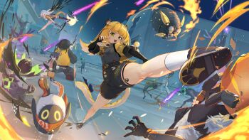 1boy 3girls absurdres animal_ear_fluff animal_ears bangboo_(zenless_zone_zero) belle_(zenless_zone_zero) blonde_hair cthlo eous_(zenless_zone_zero) ethereal_(zenless_zone_zero) gloves green_eyes highres jacket ju_fufu long_hair looking_at_viewer multicolored_hair multiple_girls open_mouth shirt smile tail tiger_ears tiger_girl tiger_tail yixuan_(zenless_zone_zero) zenless_zone_zero