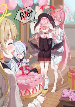 Rule 34 | 4girls, absurdres, angel wings, azusa (blue archive), birthday, birthday cake, birthday party, black hat, black wings, blue archive, blush, brown hair, cake, candle, closed mouth, commentary request, feathered wings, flower, food, fruit, green eyes, hair between eyes, hair flower, hair ornament, halo, hanako (blue archive), hanako (swimsuit) (blue archive), happy birthday, hat, head wings, hifumi (blue archive), highres, holding, holding cake, holding food, koharu (blue archive), kongaru 123, long hair, long sleeves, low wings, make-up work club (blue archive), multiple girls, official alternate costume, open mouth, pink hair, purple eyes, purple flower, school uniform, shirt, smile, strawberry, twintails, white hair, white shirt, wings, yellow halo