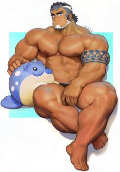 1boy abs bara beard character_doll chinstrap_beard dark-skinned_male dark_skin doll facial_hair full_body gen_3_pokemon highres indie_virtual_youtuber kaito_navigator large_pectorals male_focus mature_male muscular muscular_male mustache_stubble navel navel_hair nintendo nipples pectorals pokemon pokemon_(creature) scar scar_on_face scar_on_nose second-party_source sitting sparse_arm_hair sparse_chest_hair spheal stomach stubble thick_eyebrows topless_male two-tone_beard uleez virtual_youtuber