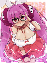 Rule 34 | 1girl, absurdres, animal ears, blush, breasts, cleavage, commentary request, di gi charat, dice hair ornament, dress, glasses, hair ornament, highres, large breasts, long hair, looking at viewer, musasi1218, pout, purple hair, rabbit ears, red eyes, solo, sweatdrop, twintails, usada hikaru