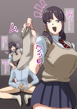 Rule 34 | 1boy, 1girl, absurdres, black hair, breasts, glassnuranura, highres, large breasts, long hair, low twintails, male masturbation, masturbation, open mouth, school uniform, single sock, sock on penis, socks, steam, translated, twintails, unworn socks