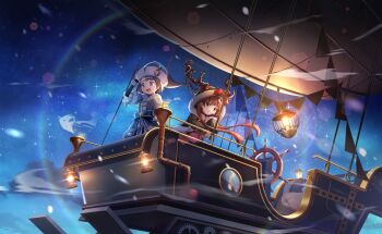 2girls aircraft antlers artist_request black_coat black_sleeves blue_bow blue_coat blue_eyes blue_gemstone blue_hair blue_hat bow closed_mouth cloud coat dirigible dot_nose fake_antlers forehead_jewel fortissimo frilled_sleeves frills full_body fur-trimmed_coat fur-trimmed_headwear fur-trimmed_sleeves fur_trim fur_wrist_cuffs game_cg gem gold_buttons hair_ornament hair_over_shoulder hairclip hand_on_headwear hand_on_own_chin happy hat hat_ornament hexagram highres hood hood_up hooded_coat horn_bow horn_ornament horn_ribbon horns horns_through_hood lantern layered_sleeves leaning_forward light_particles long_hair long_sleeves looking_ahead mahou_shoujo_madoka_magica mahou_shoujo_madoka_magica_magia_exedra miki_sayaka miki_sayaka_(buon_natale_grazioso) multiple_girls musical_note musical_note_hair_ornament night official_alternate_costume official_art open_mouth outdoors parted_bangs pillow red_bow red_eyes red_gemstone red_hair red_ribbon reindeer_antlers ribbon sakura_kyoko sakura_kyoko_(yuletide_gift) santa_hat short_hair short_over_long_sleeves short_sleeves sky sleeves_past_wrists smile smirk snowing sparkle standing star_(sky) star_(symbol) star_hat_ornament starry_sky steering_wheel string_of_flags tareme tsurime waist_bow white_wrist_cuffs wrist_cuffs