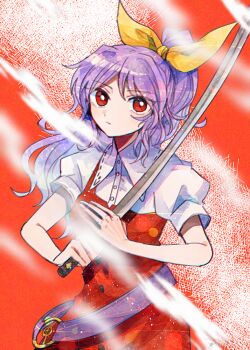 1girl belt bow buttons closed_mouth collared_shirt cowboy_shot dress hair_bow holding holding_sword holding_weapon itomugi-kun long_hair looking_at_viewer ponytail puffy_short_sleeves puffy_sleeves purple_belt purple_hair red_background red_dress red_eyes shirt short_sleeves single-shoulder_dress solo sword touhou watatsuki_no_yorihime weapon white_shirt yellow_bow