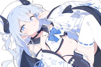 Rule 34 | 1girl, bare shoulders, black sailor collar, black skirt, blue bow, blue bowtie, blue eyes, blue hair, blush, borrowed character, bow, bowtie, commentary request, cropped shirt, detached sleeves, feet out of frame, frilled skirt, frills, hand up, hat, highres, horns, knees up, long hair, looking at viewer, lying, midriff, navel, on back, original, parted lips, pleated skirt, ribbon-trimmed thighhighs, ribbon trim, sailor collar, shirt, simple background, skirt, sleeveless, sleeveless shirt, solo, tail, thighhighs, urotsuki (ku9625), white background, white hat, white shirt, white sleeves, white thighhighs, wide sleeves